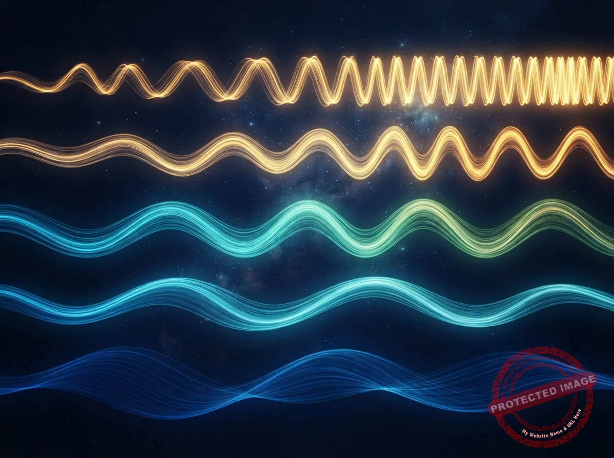 Cinco ondas de luz empilhadas, da mais lenta e azul à mais rápida e dourada, ilustrando as faixas de frequência