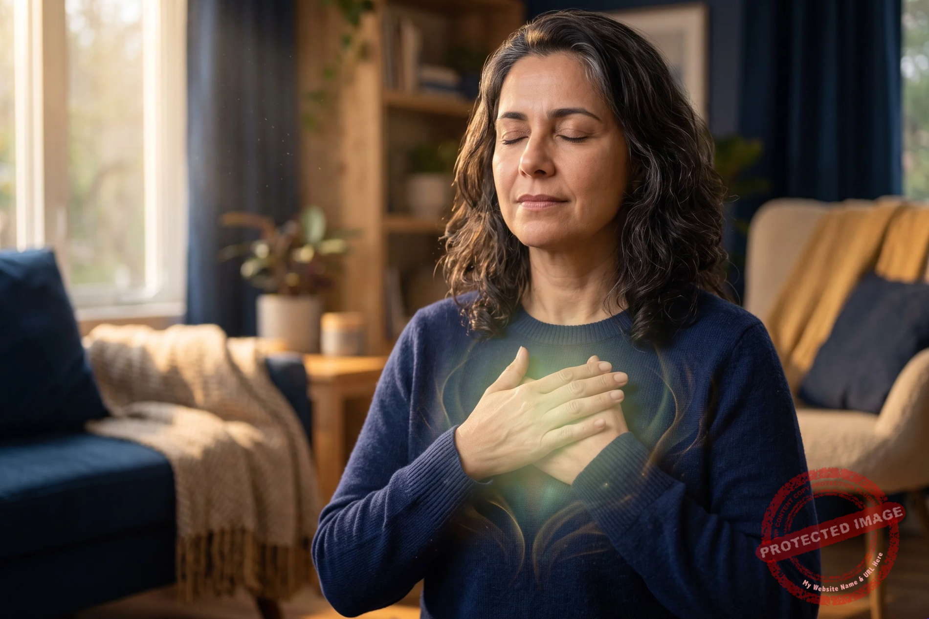 Mulher de olhos fechados com as mãos sobre o peito, na região do chakra cardíaco