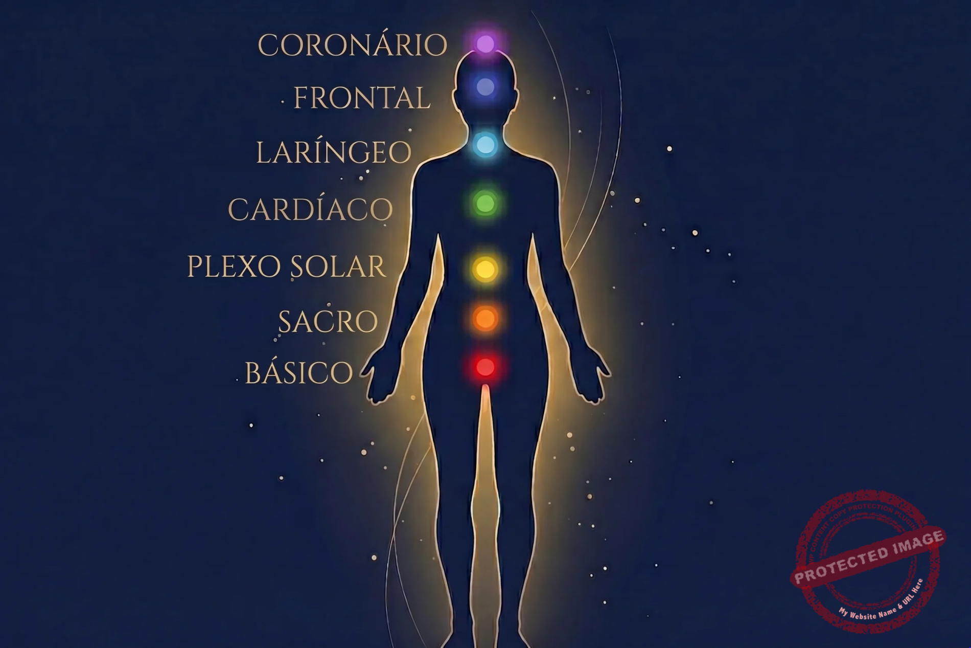 Ilustração dos 7 chakras ao longo do corpo, da base da coluna ao alto da cabeça