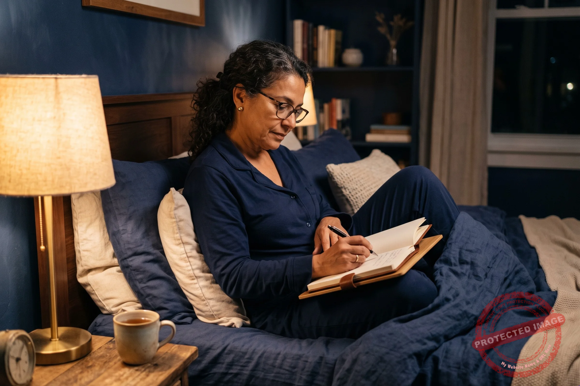 Mulher escrevendo num caderno na cama, à luz de um abajur, antes de dormir