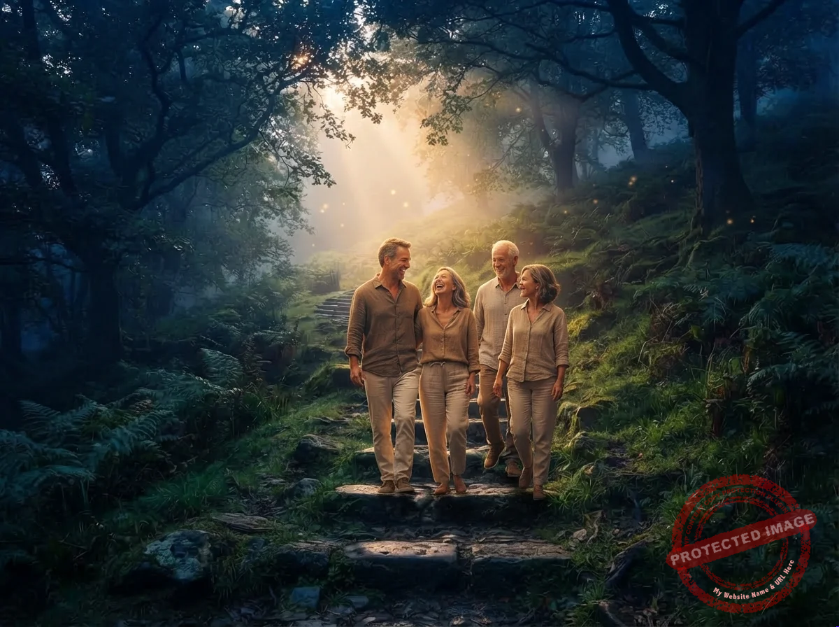 Grupo de amigos caminhando e rindo juntos em um parque no fim da tarde