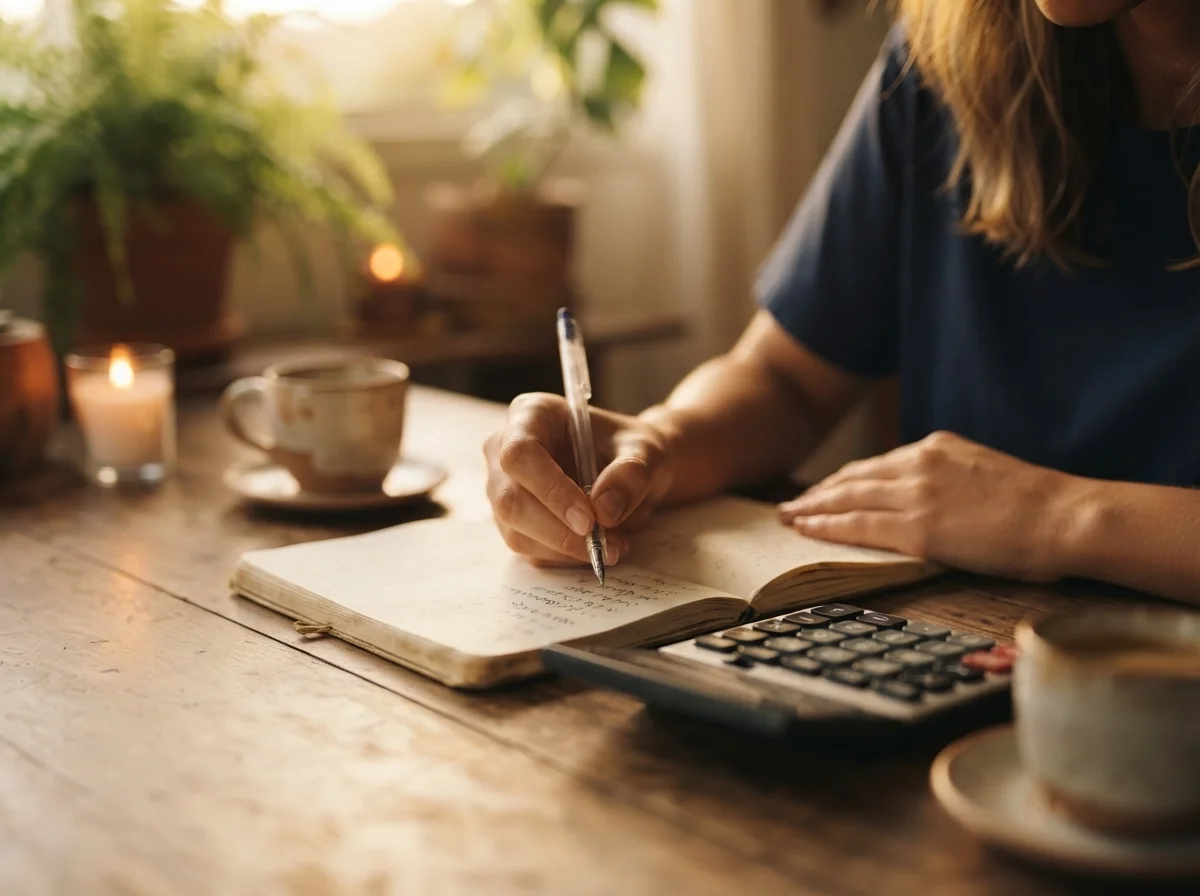 Mãos anotando uma lista em um caderno ao lado de calculadora e xícara de café