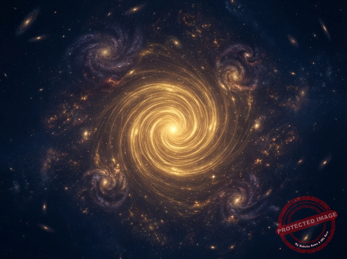 Um ponto de luz dourada se expandindo em galáxias, representando o Big Bang