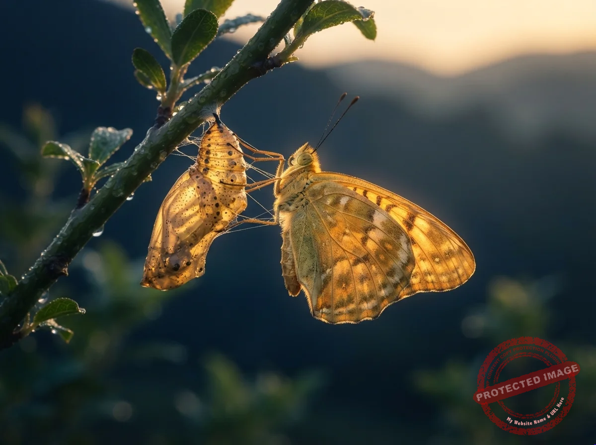 Borboleta dourada saindo do casulo em um galho verde com orvalho