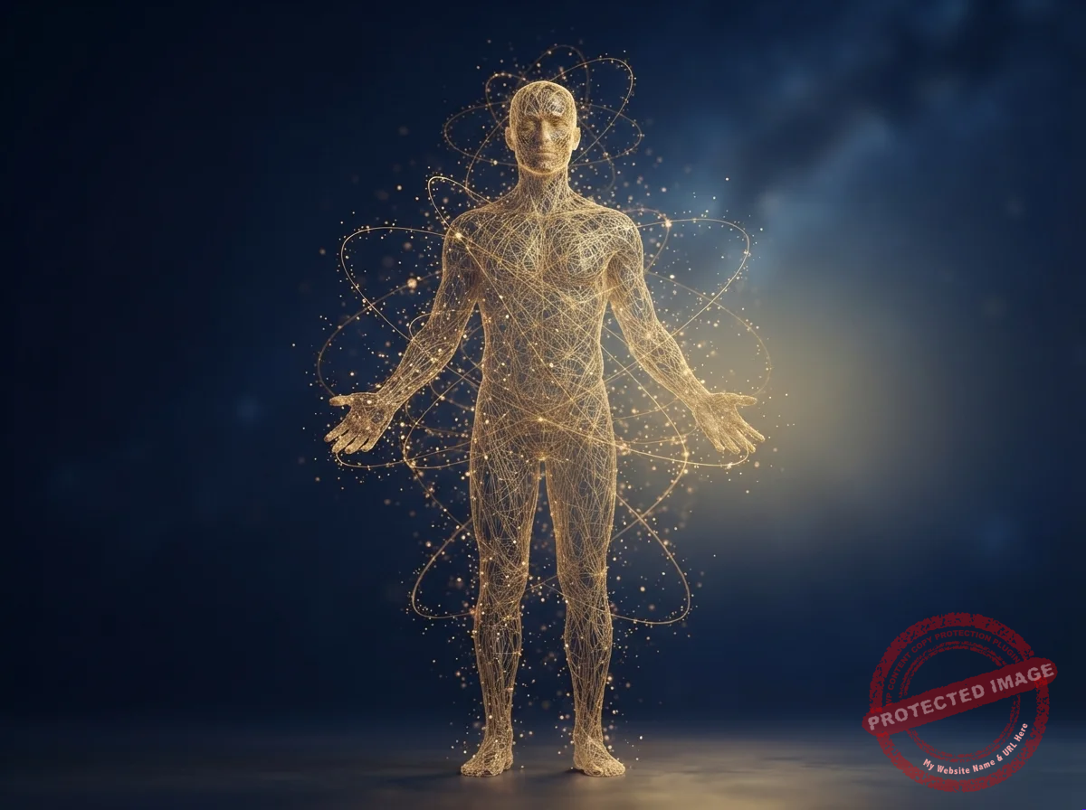 Silhueta humana feita de linhas finas de luz dourada, como um corpo de energia