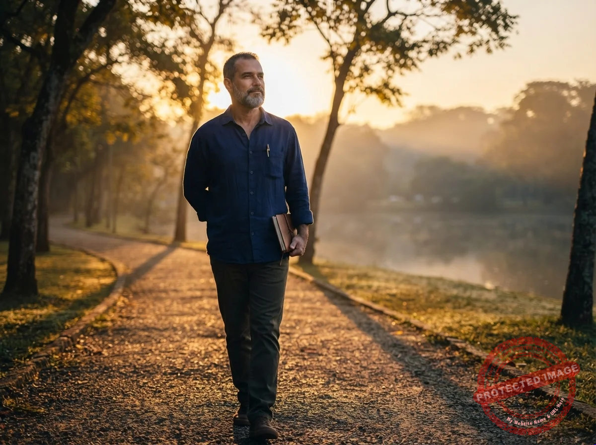 Homem caminhando com calma por um parque ao amanhecer, transmitindo confiança e paz