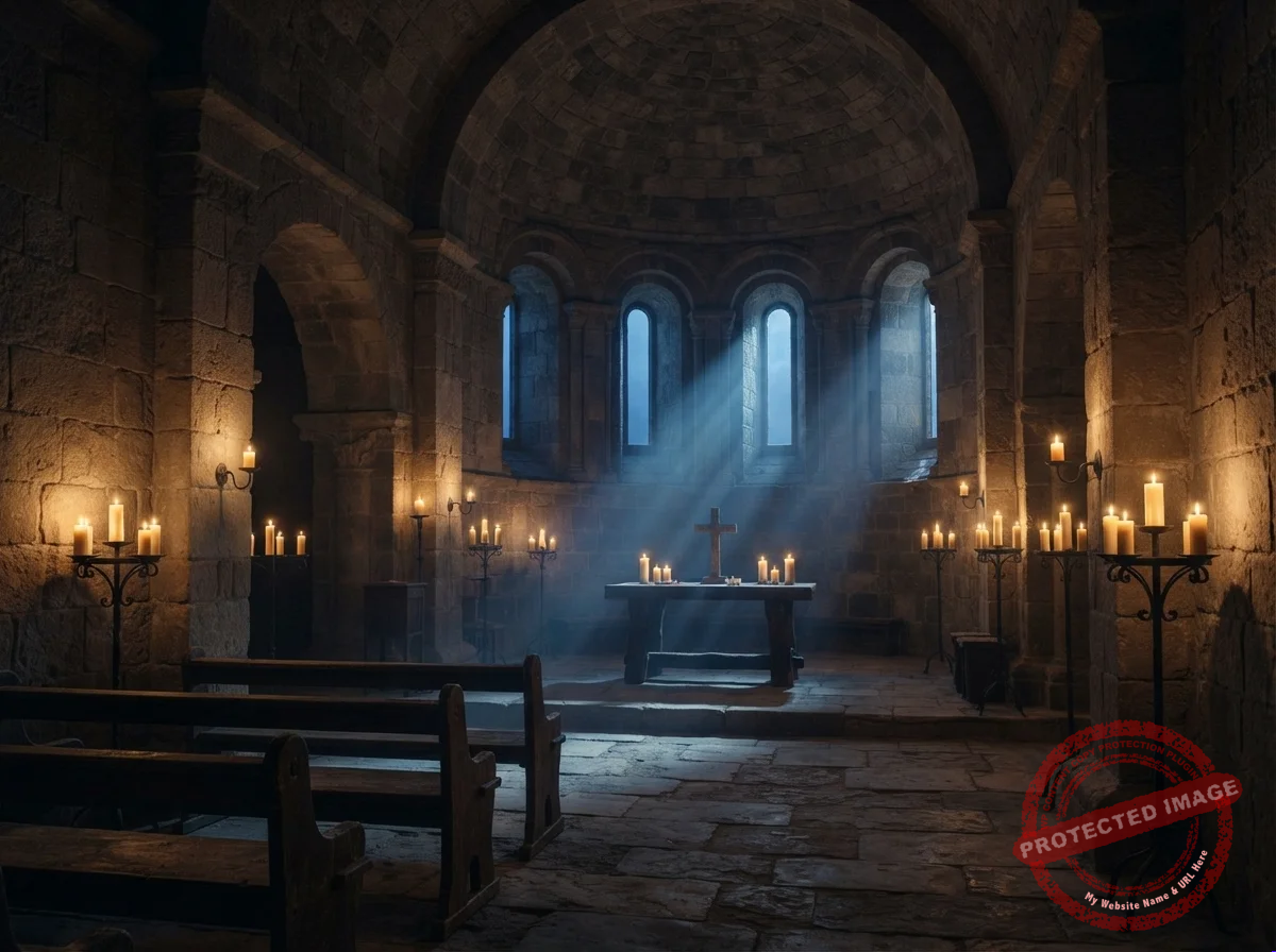 Interior de uma capela antiga de pedra iluminada por velas e feixes de luz dourada