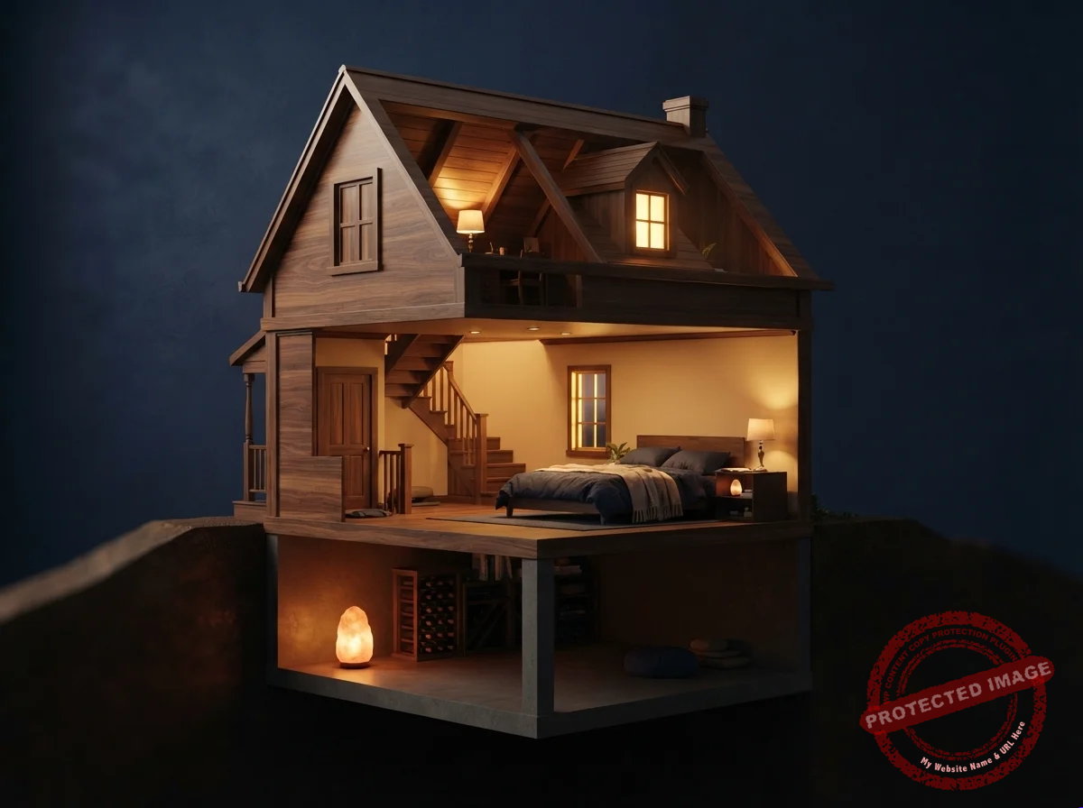 Corte de uma casa iluminada com sótão, andar principal e porão em tons diferentes de luz