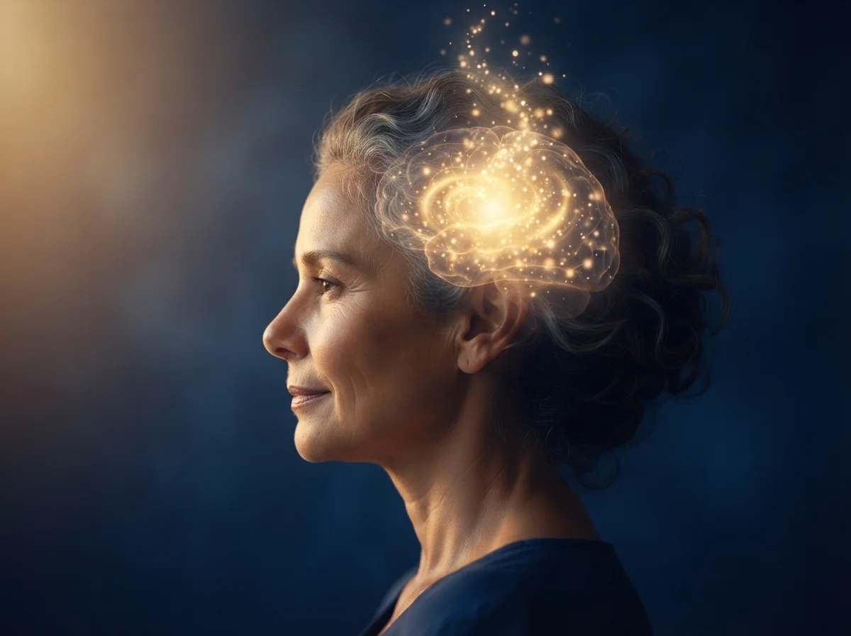 Perfil de cabeça humana com luz dourada no cérebro, ilustrando os efeitos da gratidão