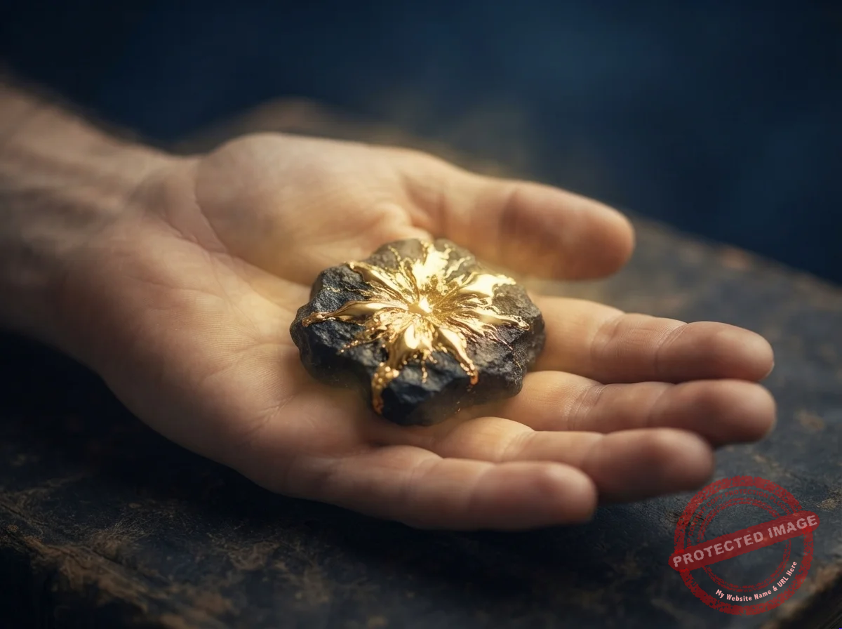 Palma da mão segurando uma pedra escura que se transforma em ouro brilhante