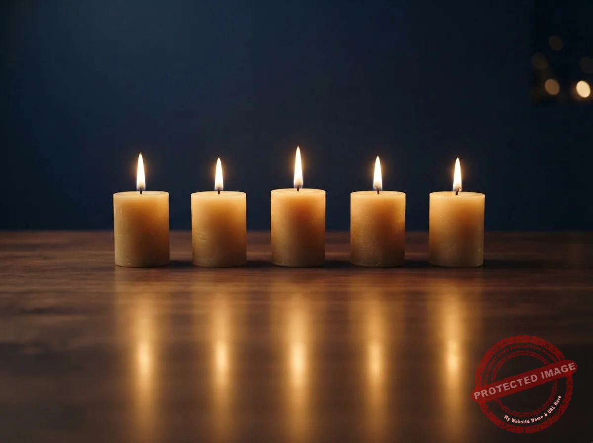 Cinco velas acesas em fileira sobre madeira escura, representando os cinco dias da técnica