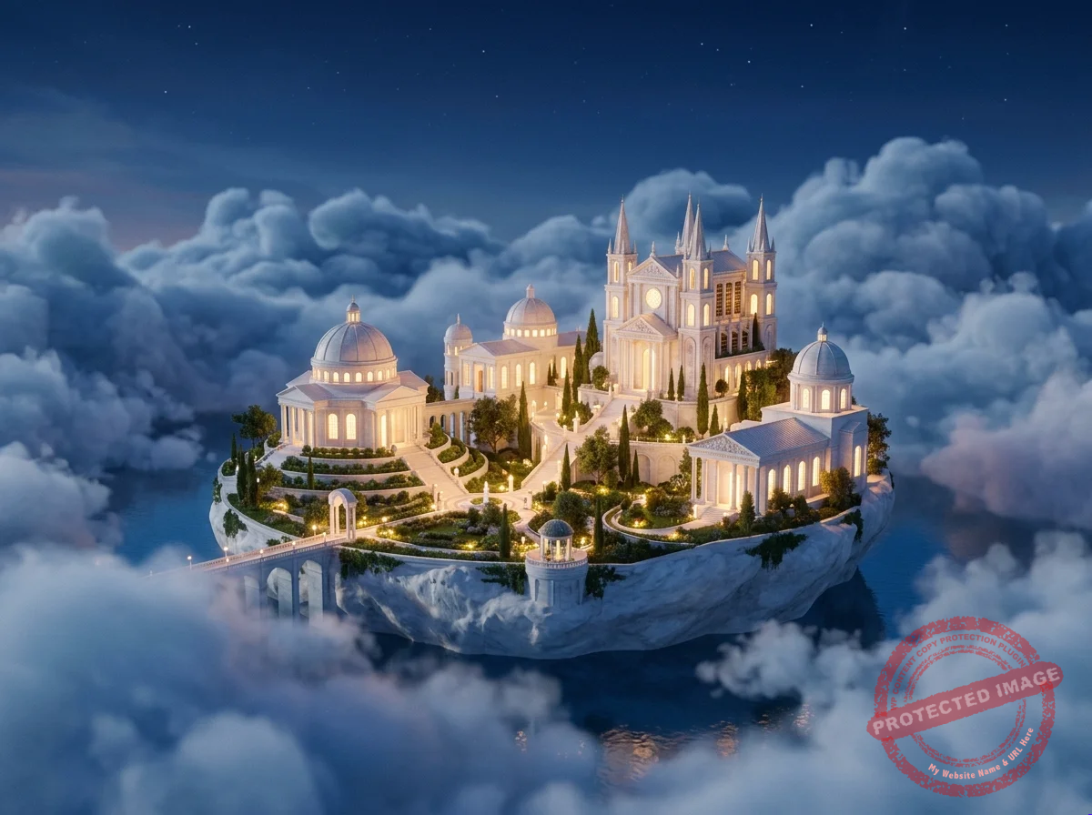 Cidade espiritual luminosa entre nuvens, imagem das colônias da quarta dimensão