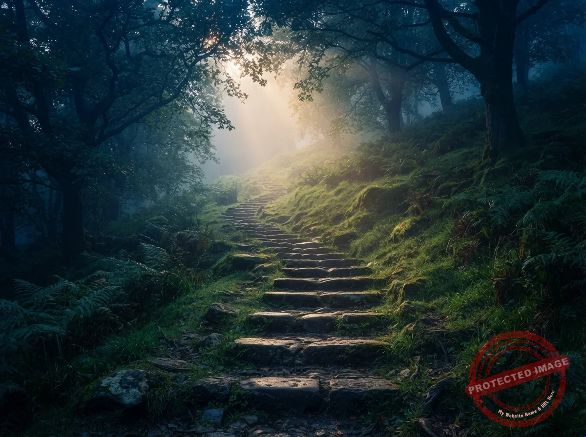 Degraus de pedra subindo uma colina verde com luz dourada e neblina