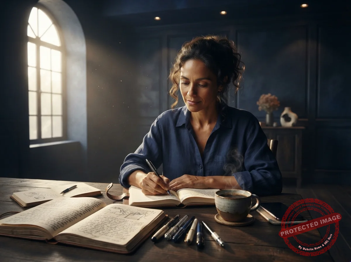 Mulher anotando as horas iguais em um caderno ao lado de uma xícara de café e um celular virado para baixo