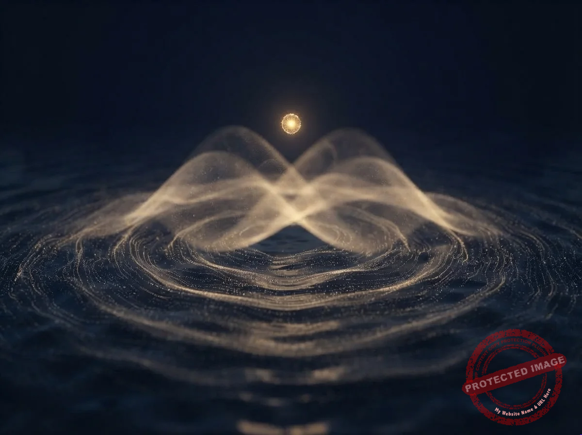 Partícula dourada se desfazendo em uma nuvem de ondas translúcidas no espaço escuro