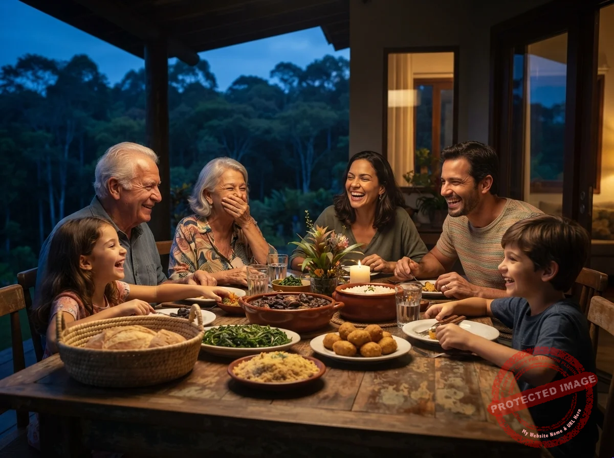Família de três gerações reunida à mesa, sorrindo, em um ambiente acolhedor