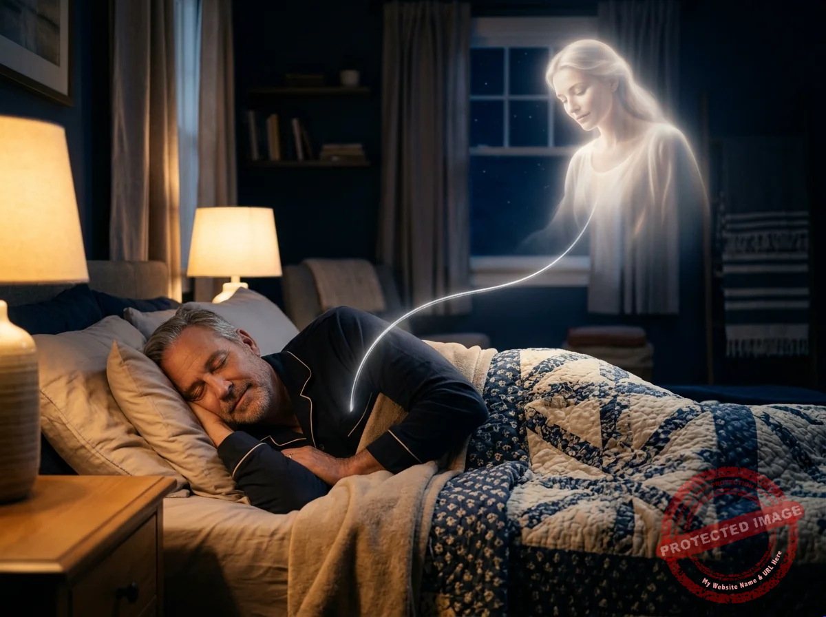 Pessoa adormecida com um fio de luz prateada saindo do corpo, imagem do desdobramento