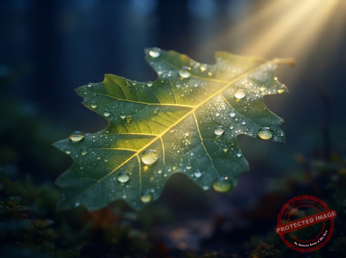 Folha verde com gotas de orvalho iluminada por luz dourada do sol