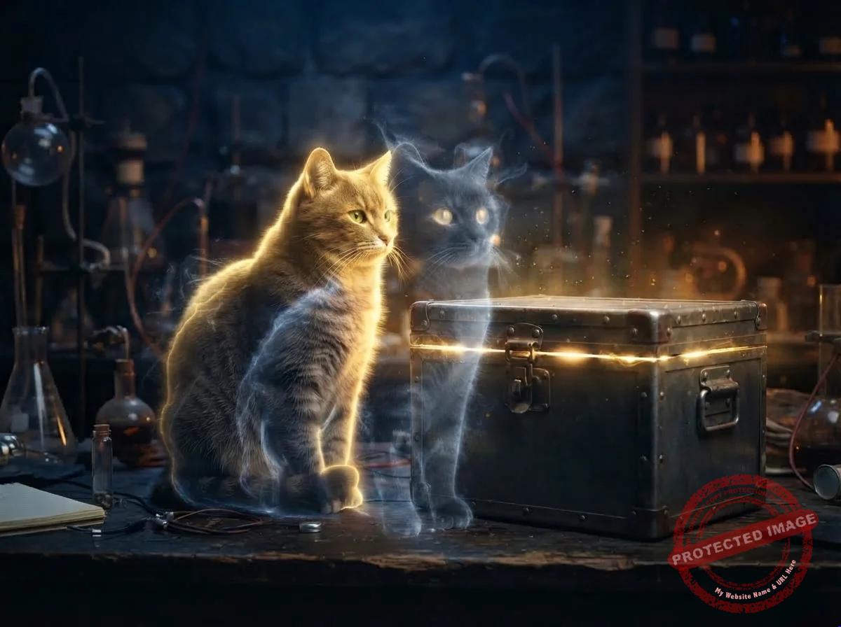 Silhueta de um gato sobreposta a uma versão translúcida, ilustrando a sobreposição quântica