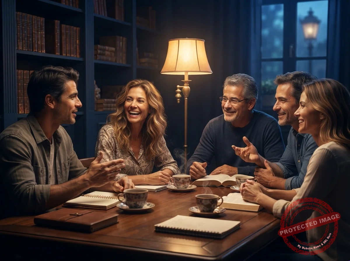 Grupo de amigos conversando e sorrindo ao redor de uma mesa, com cadernos e café