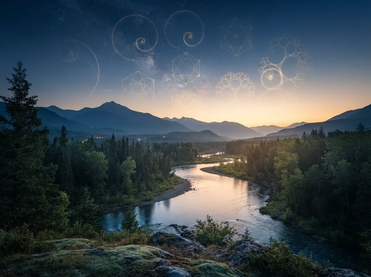 Paisagem de floresta e montanhas com padrões geométricos dourados no céu, simbolizando a harmonia da natureza