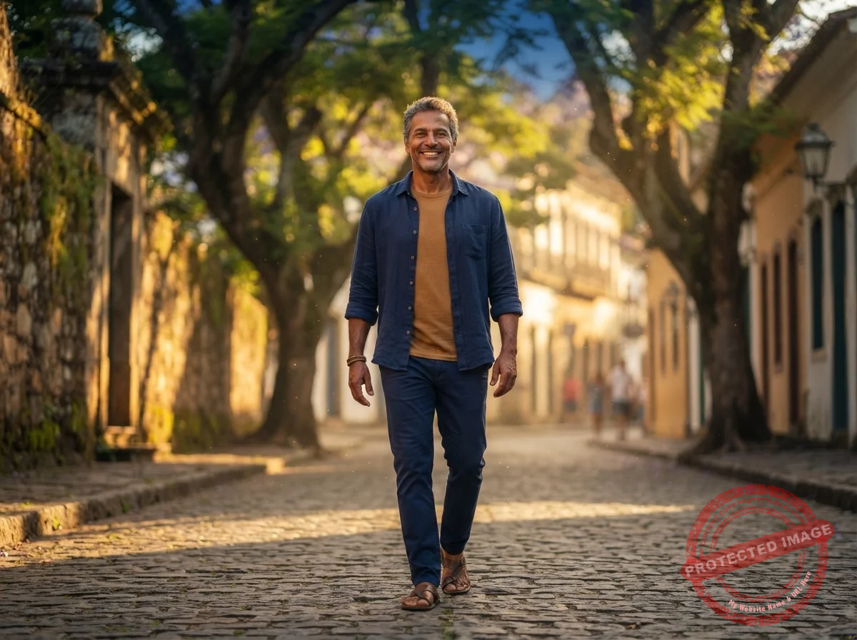 Homem caminhando com confiança por uma rua arborizada ao sol, com um leve sorriso