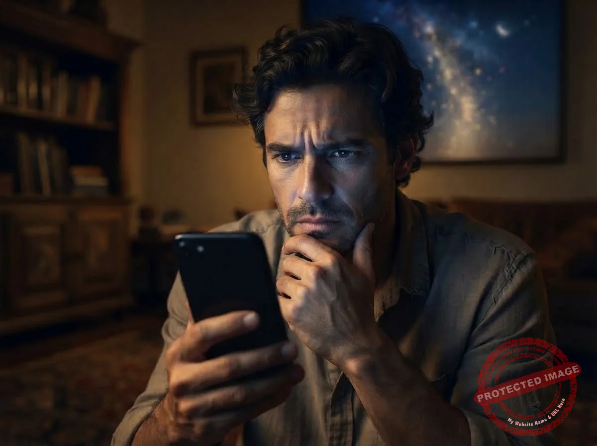 Homem em um quarto escuro olhando o celular com expressão de preocupação