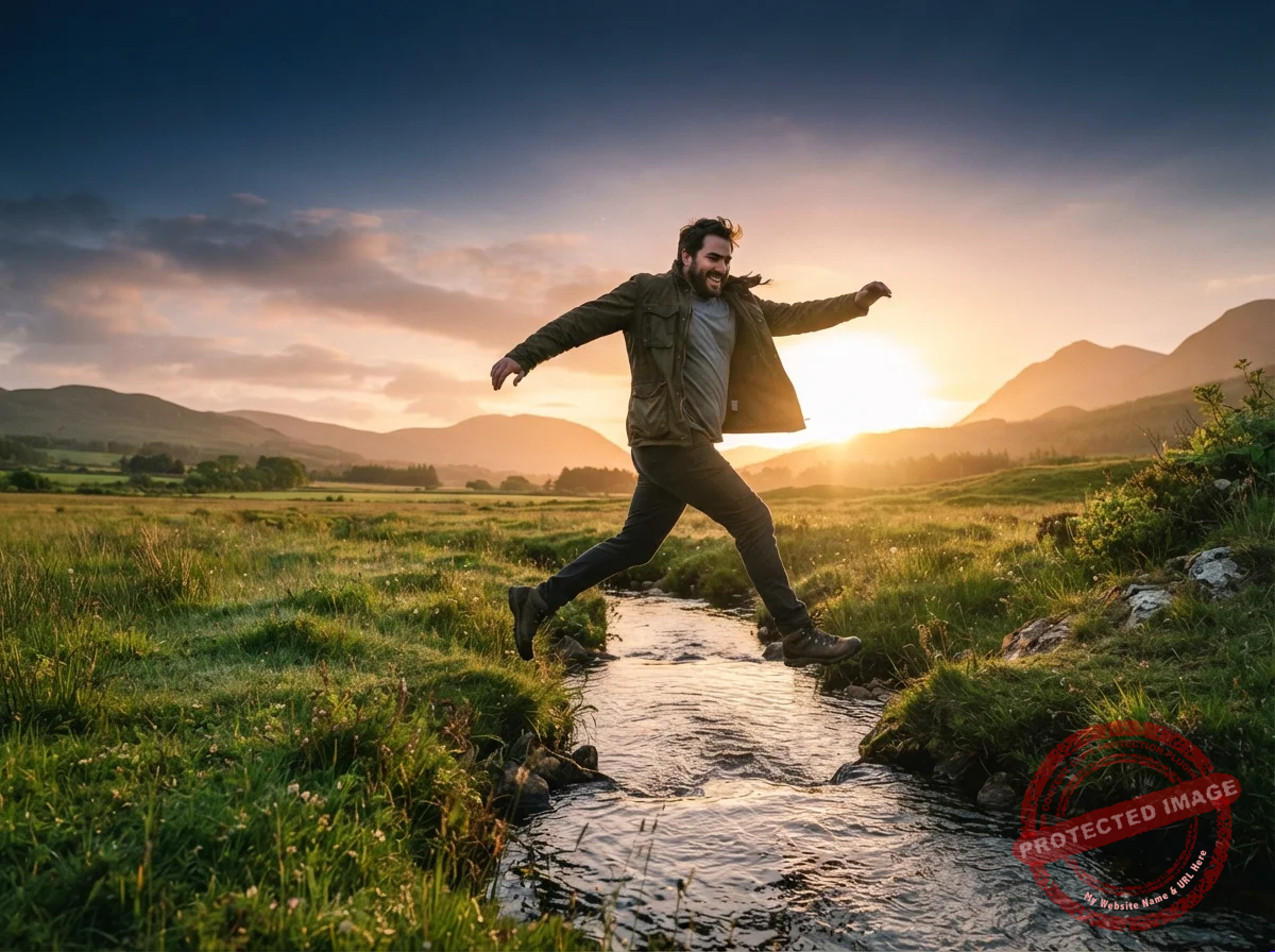Homem em pleno salto sobre um riacho em um campo verde ao nascer do sol