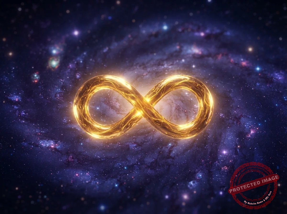 Símbolo do infinito feito de luz dourada em uma galáxia violeta