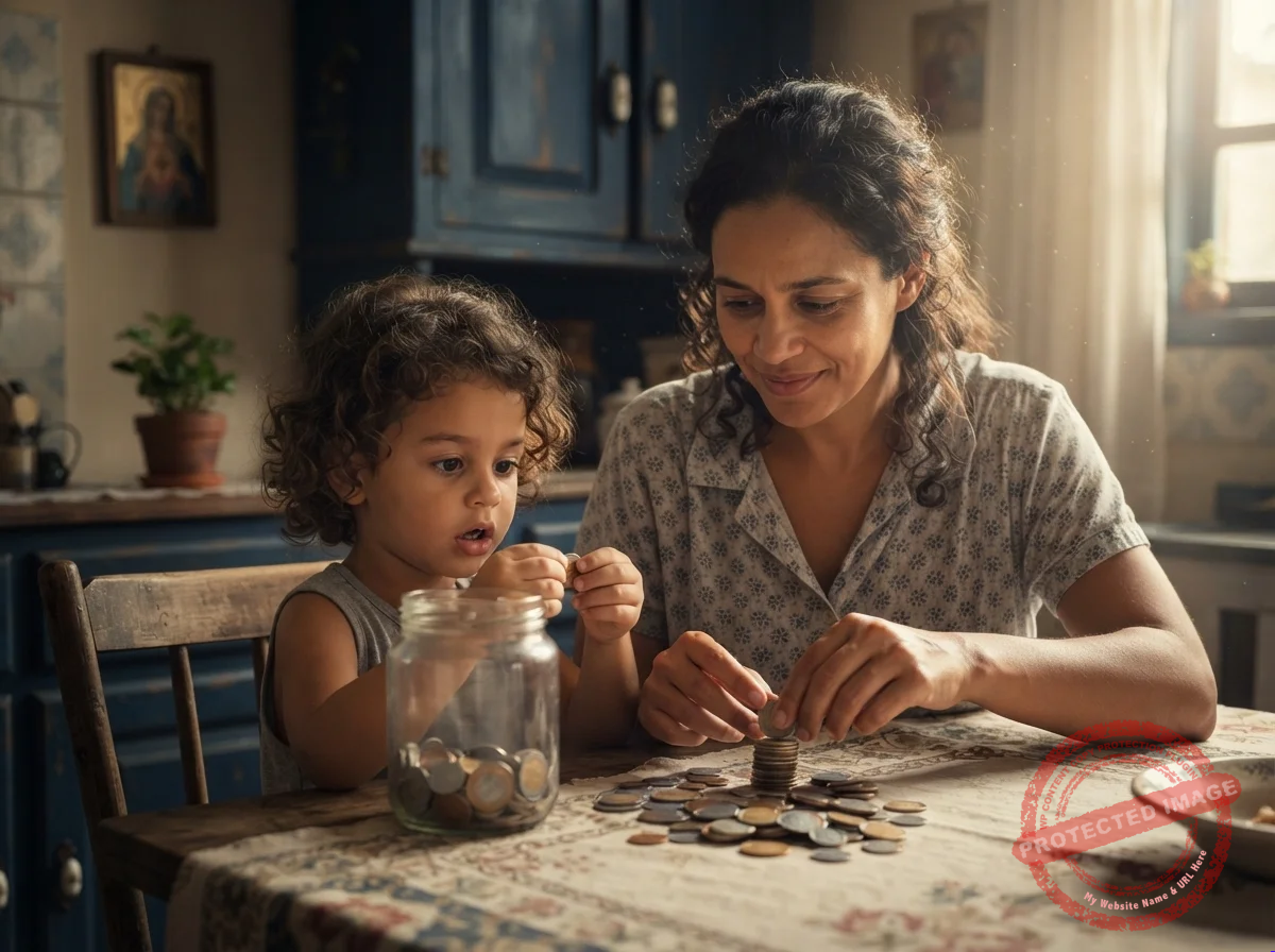 Mãe e filho pequeno contando moedas de um pote na mesa da cozinha