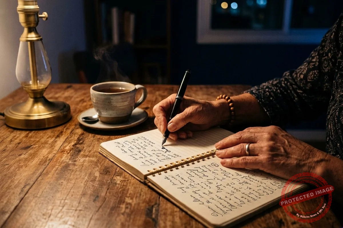 Mãos de uma pessoa madura anotando em um caderno a lição que mais se repete na vida