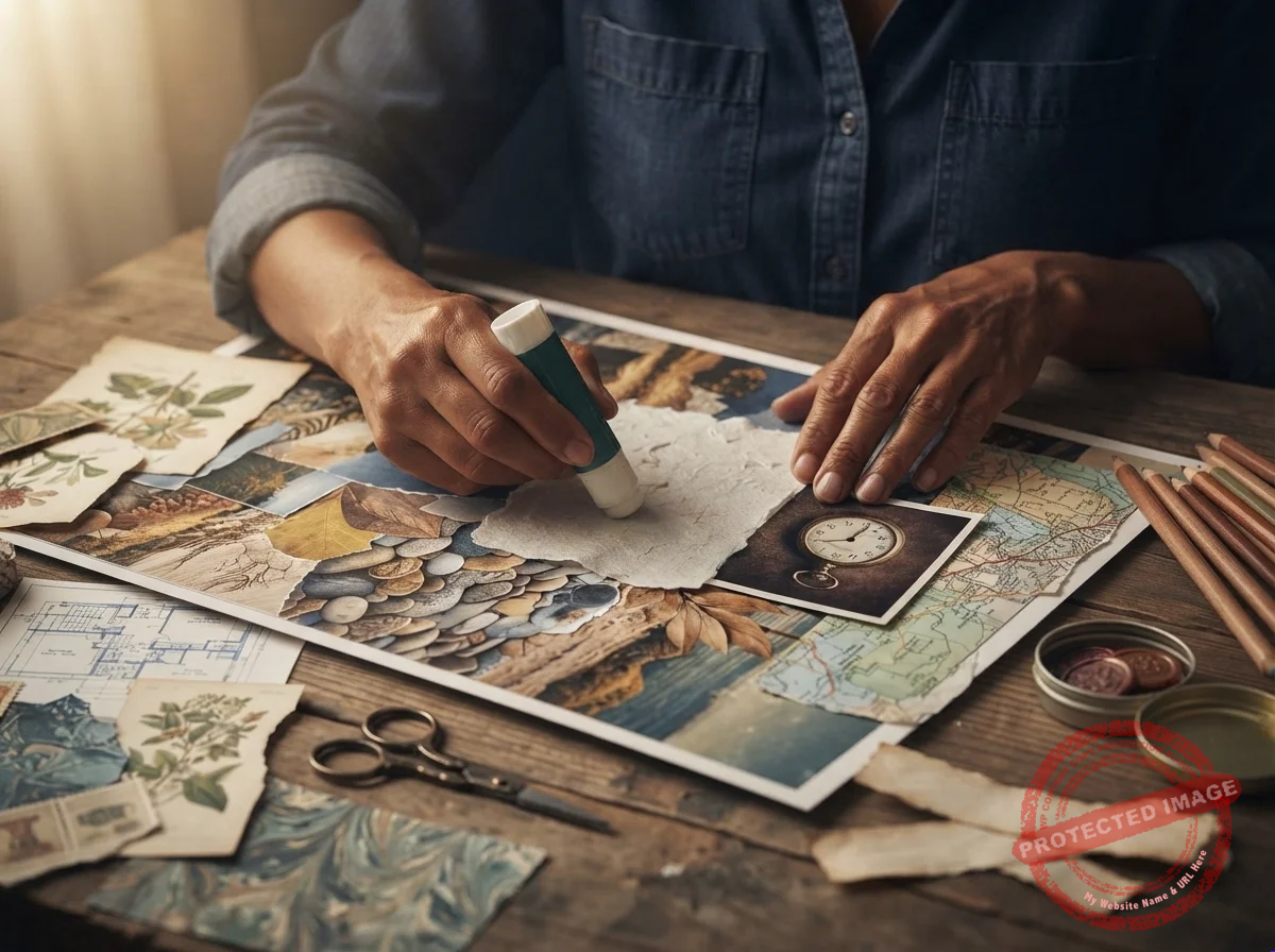 Mãos colando recortes de revistas em uma cartolina sobre uma mesa de madeira