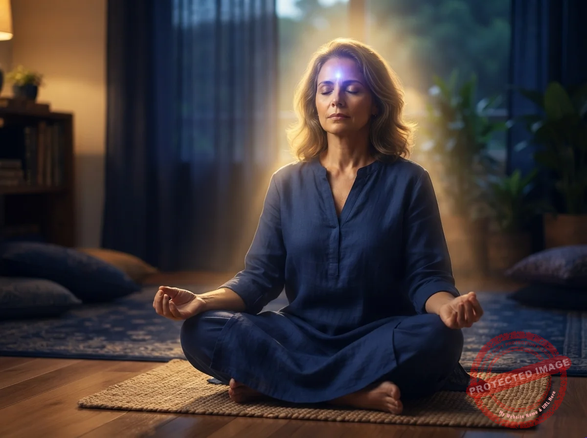 Mulher meditando de pernas cruzadas com um brilho suave de luz índigo entre as sobrancelhas