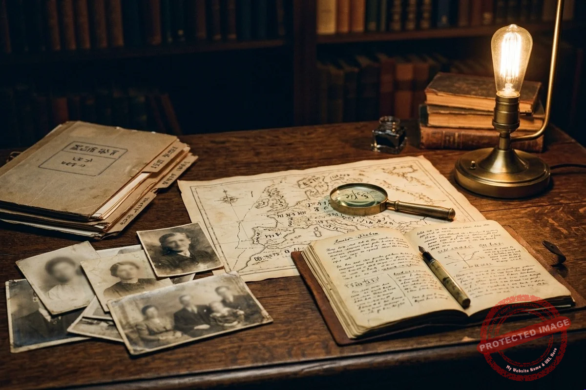 Mesa de pesquisa com documentos e fotos antigas usados para investigar casos de reencarnação