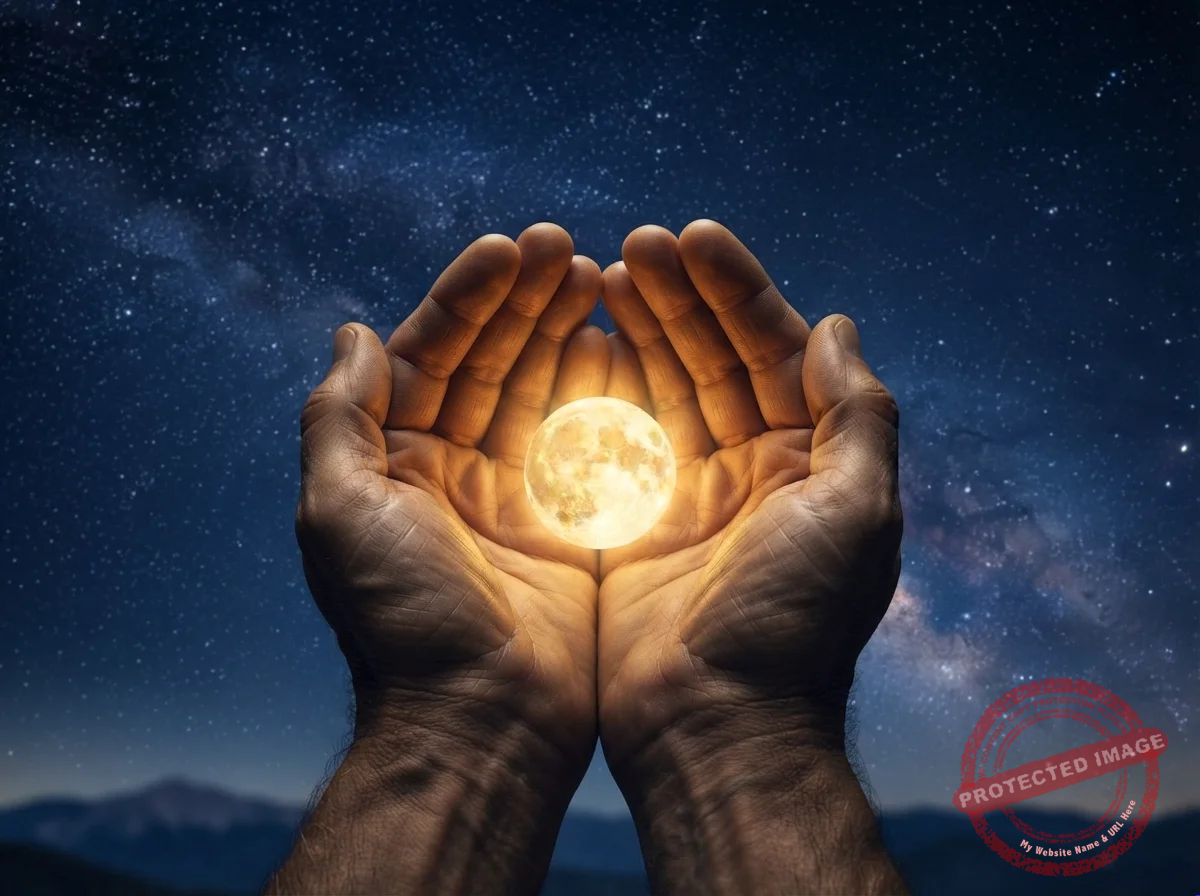 Mãos abertas segurando uma esfera de luz dourada sob um céu estrelado, simbolizando o mistério