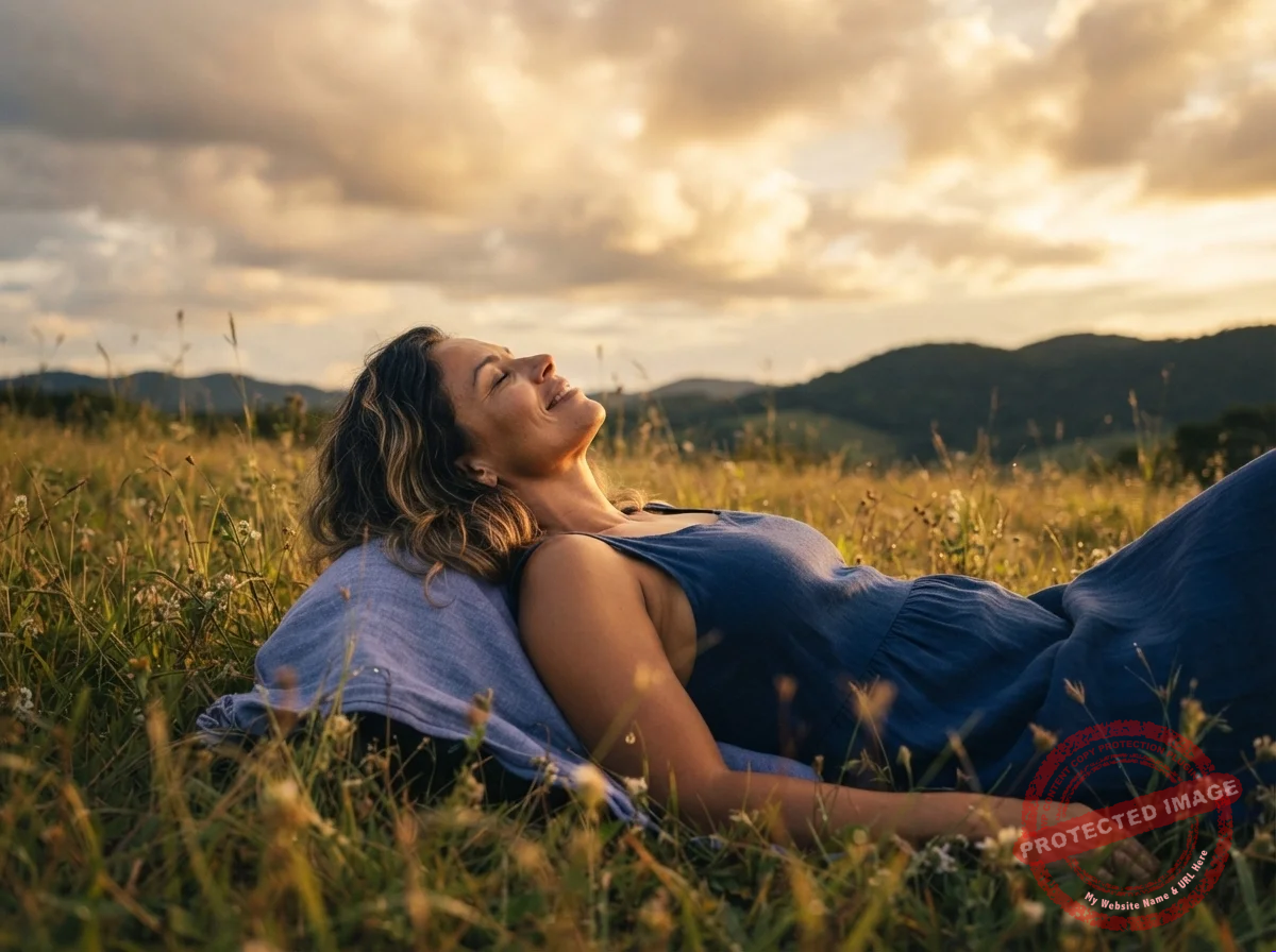 Mulher deitada na grama olhando o céu, relaxada e sorrindo