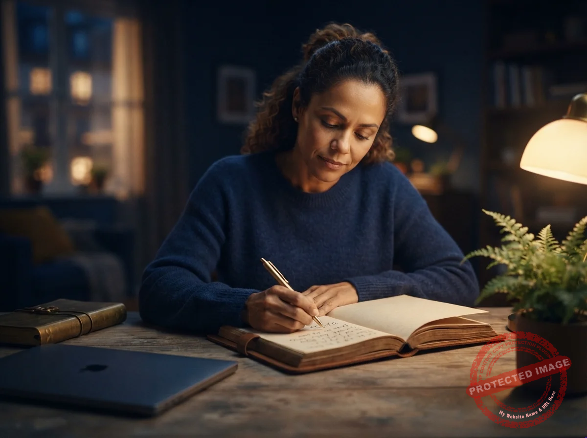 Mulher em uma mesa escrevendo suas metas em um caderno, com olhar concentrado
