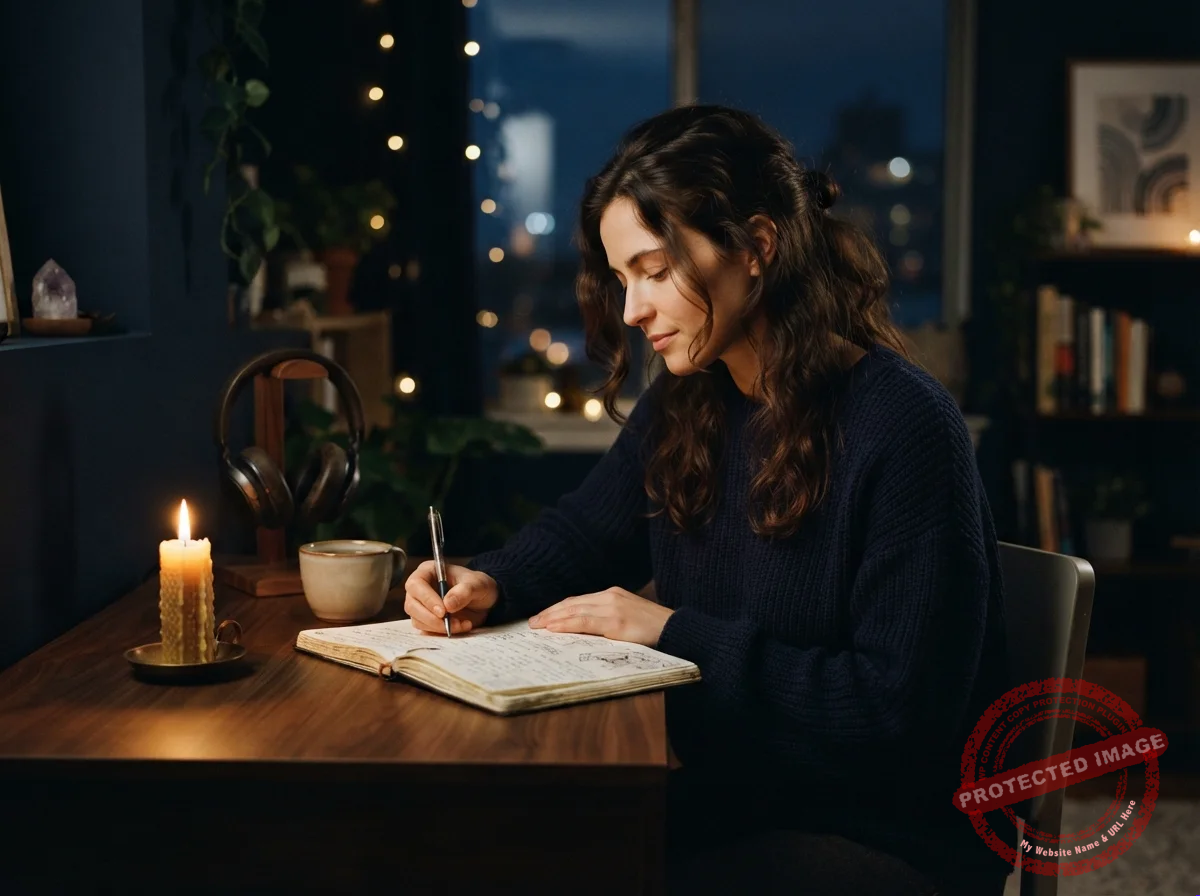 Mulher escrevendo em um caderno à noite com vela e fones de ouvido, concentrada