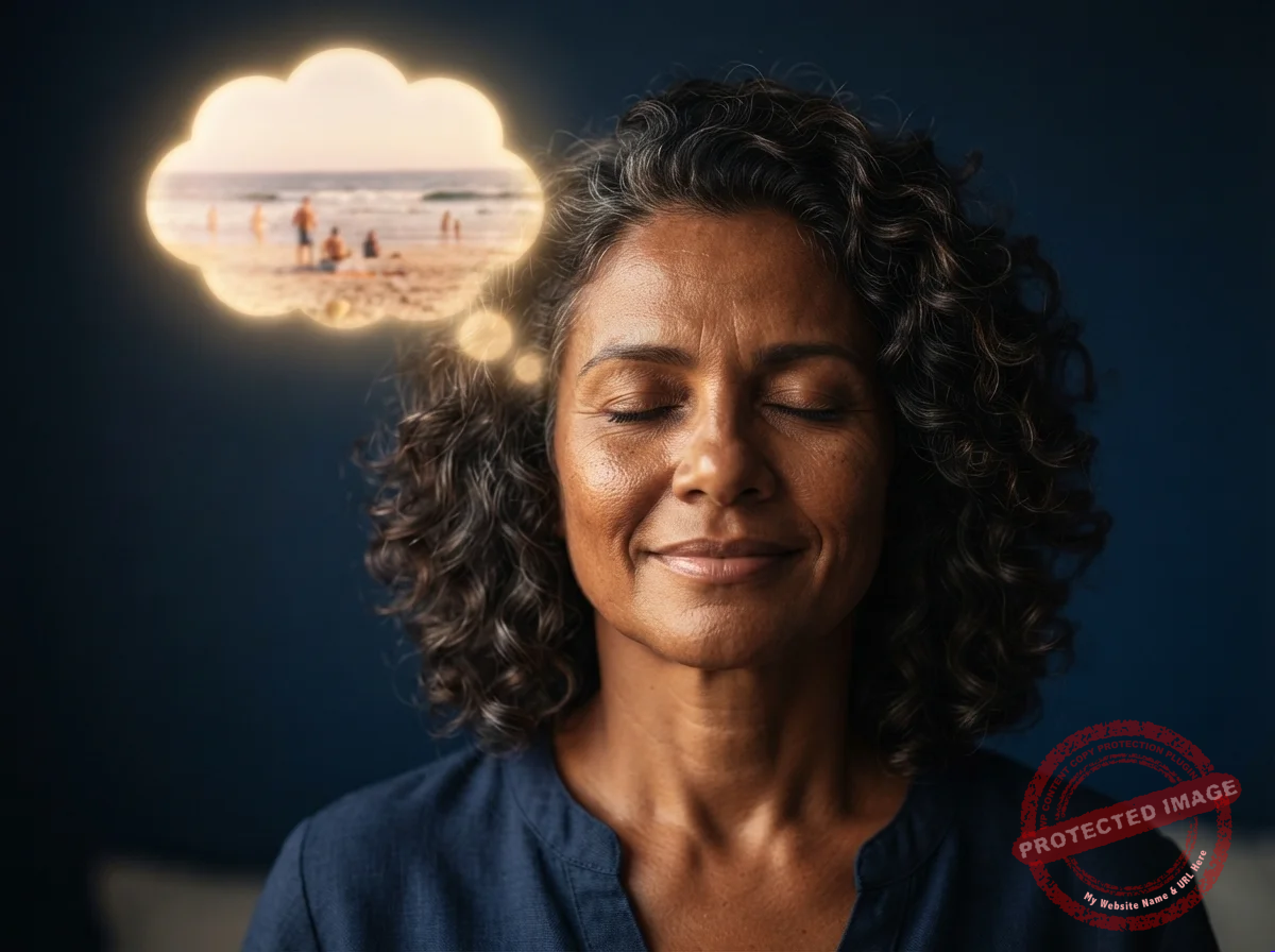 Mulher de olhos fechados e sorriso suave imaginando uma praia ao pôr do sol