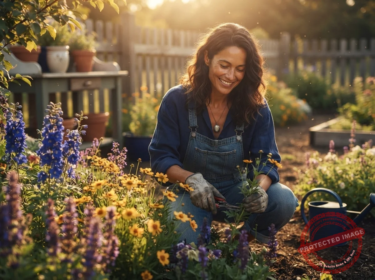 Mulher jardinando entre flores em um dia de sol, relaxada e sorrindo