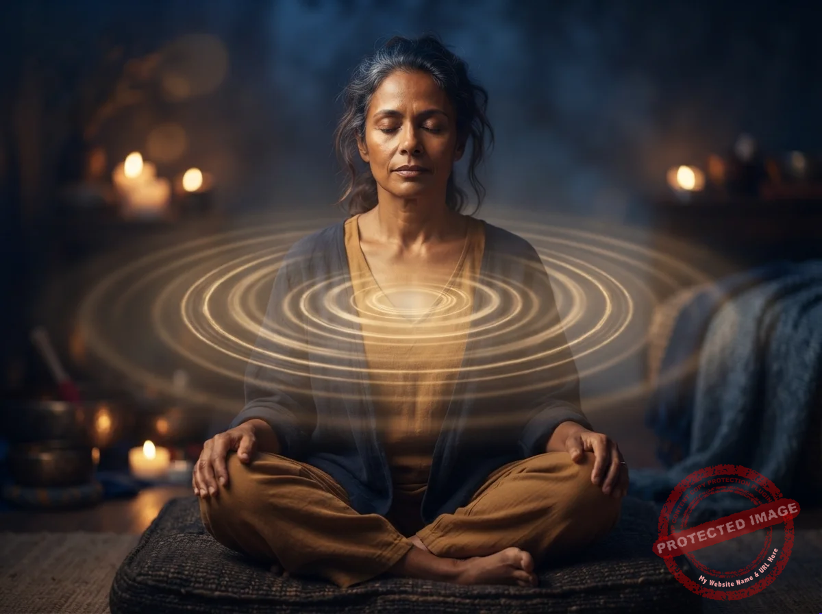 Mulher meditando em uma sala calma com ondas suaves de luz dourada saindo do peito