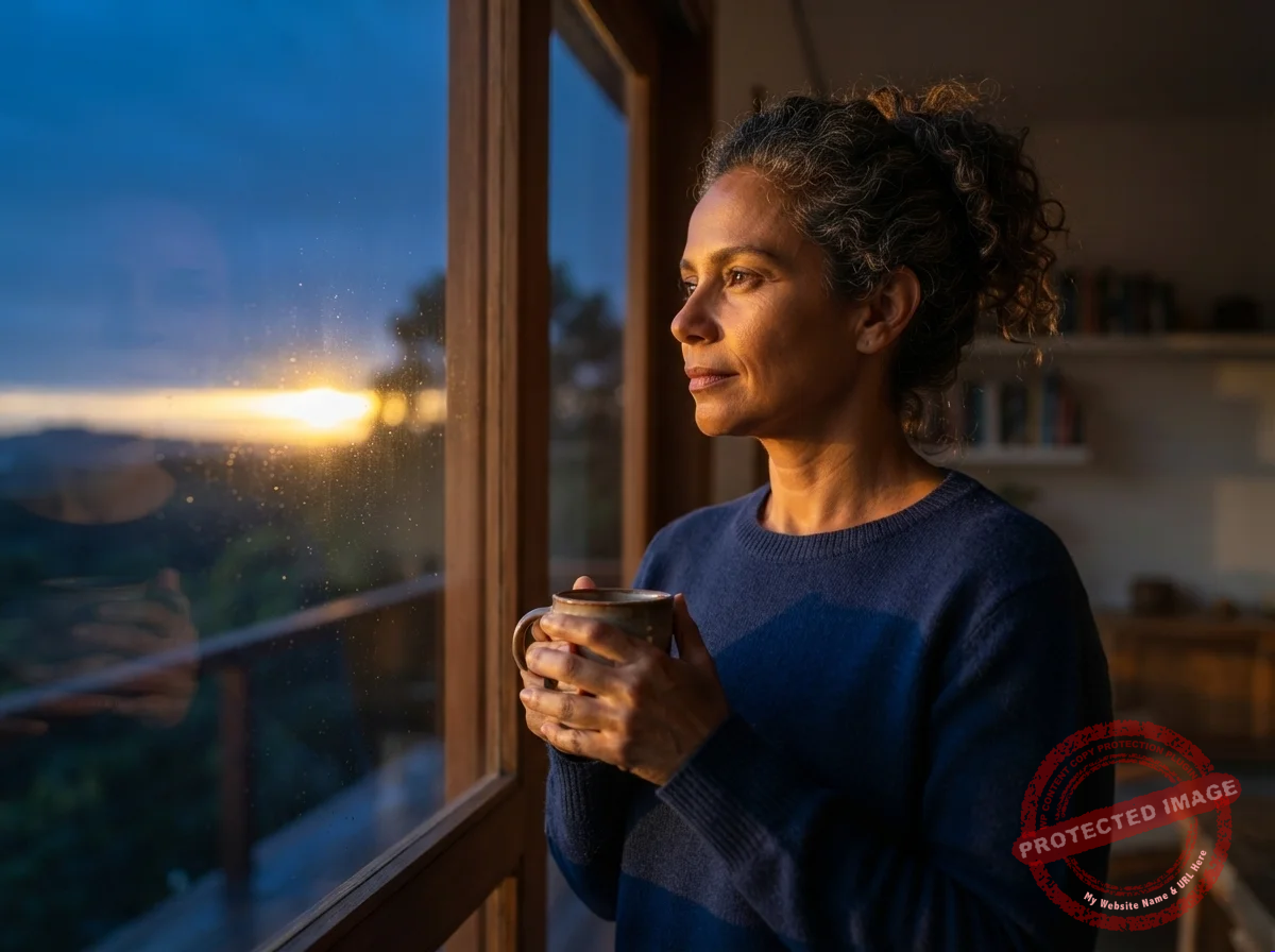 Mulher olhando pela janela ao amanhecer, com uma xícara nas mãos, refletindo sobre o efeito observador na vida