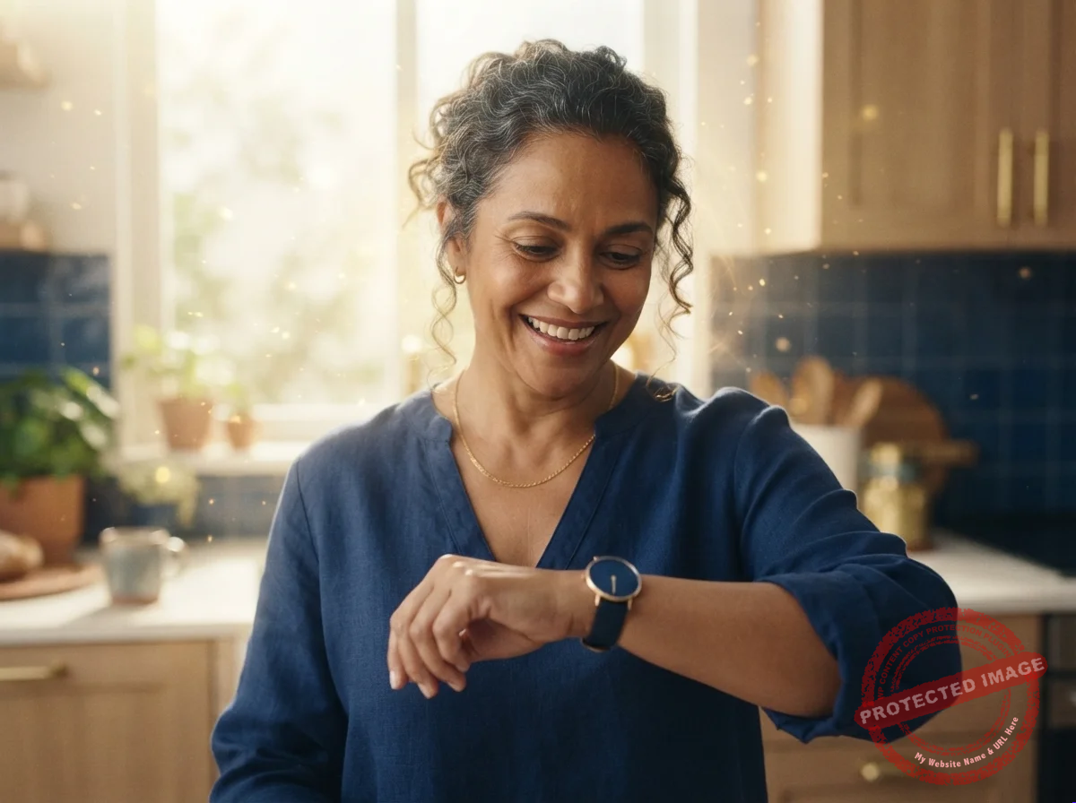 Mulher na cozinha olhando o relógio de pulso com um sorriso de surpresa