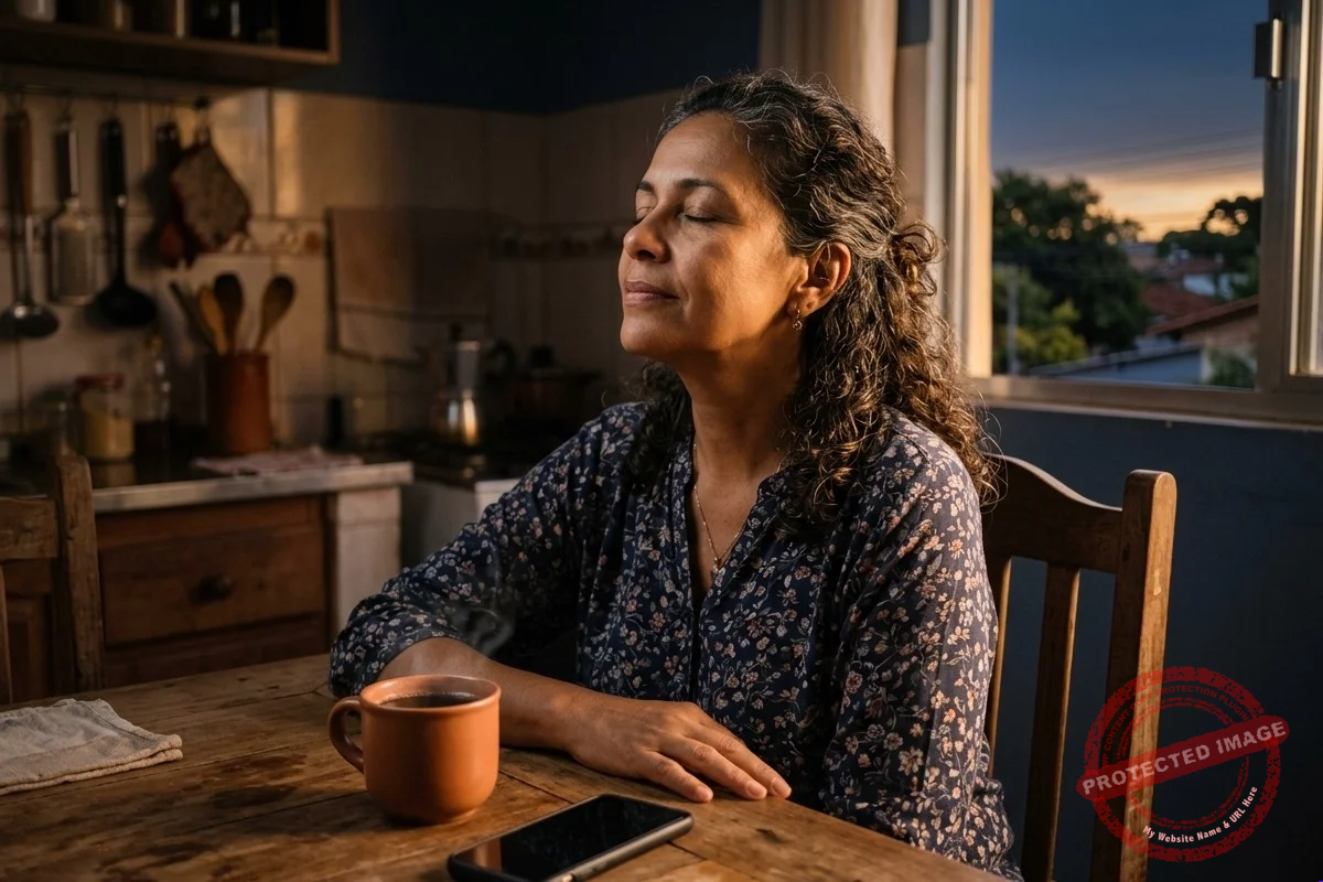 Mulher respirando fundo à mesa da cozinha ao amanhecer, escolhendo a esperança no lugar do medo