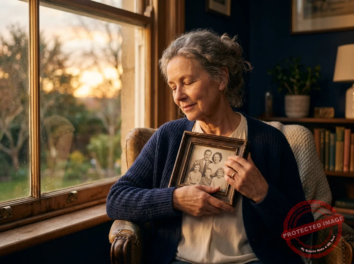 Mulher madura segurando com carinho a foto de alguém que já partiu