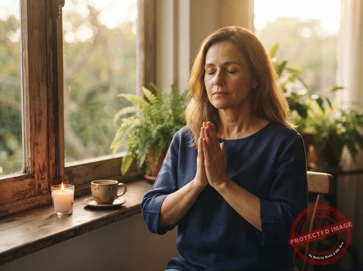 Mulher sentada perto da janela, de olhos fechados e mãos unidas em oração, com uma vela acesa