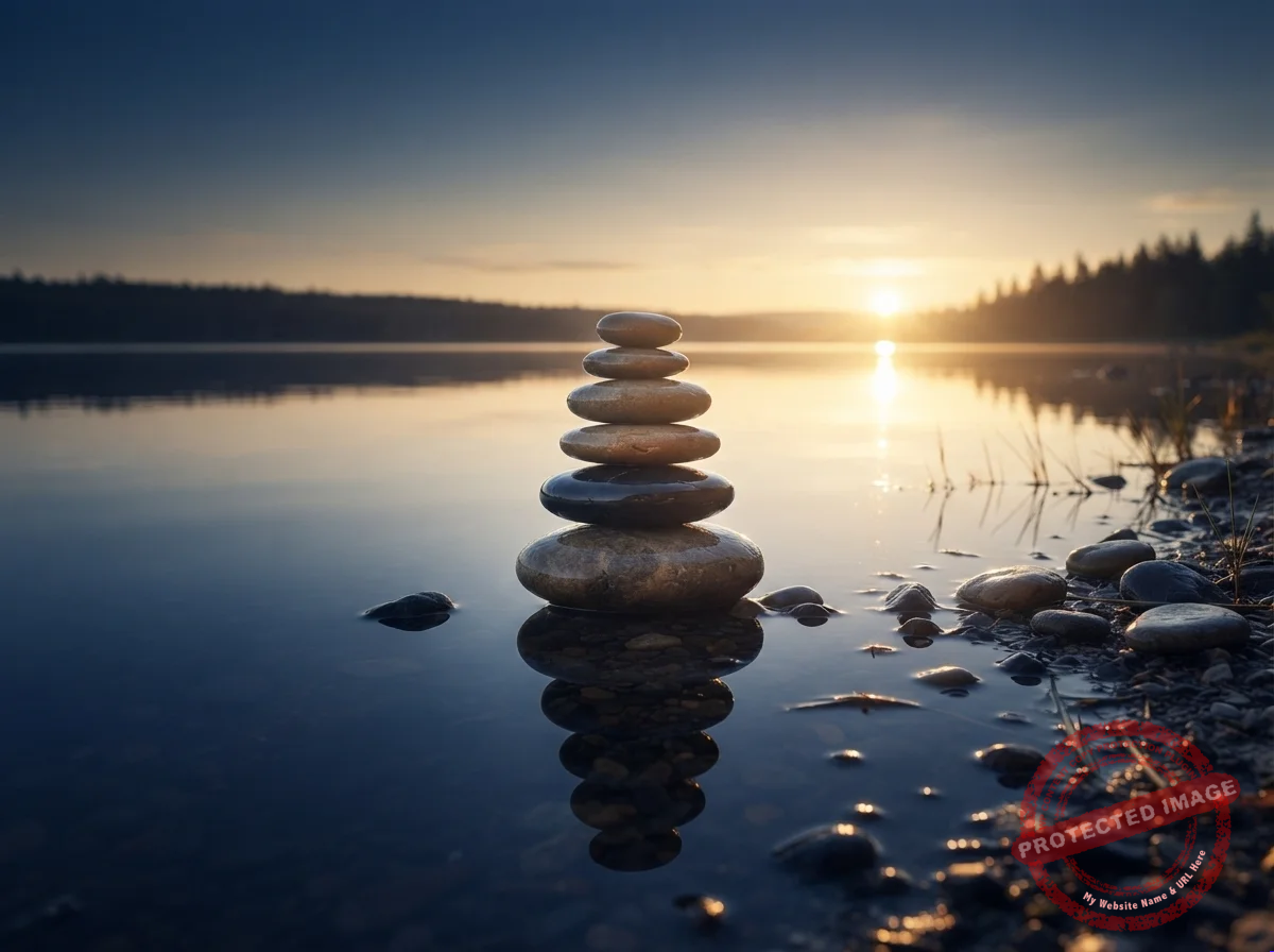 Pedras empilhadas em equilíbrio à beira de um lago calmo ao nascer do sol