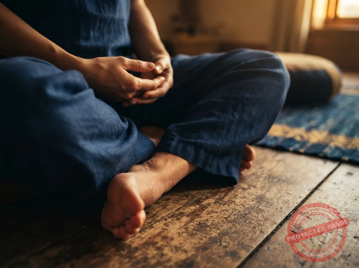 Pés descalços apoiados no chão de madeira e mãos sobre os joelhos de uma pessoa sentada