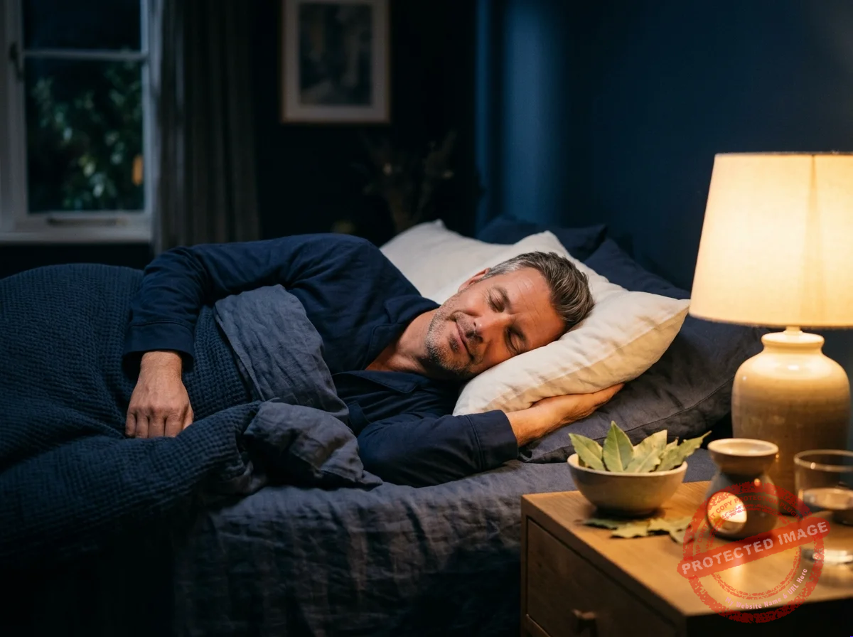 Pessoa madura relaxada na cama antes de dormir, imaginando a sua cena de prosperidade