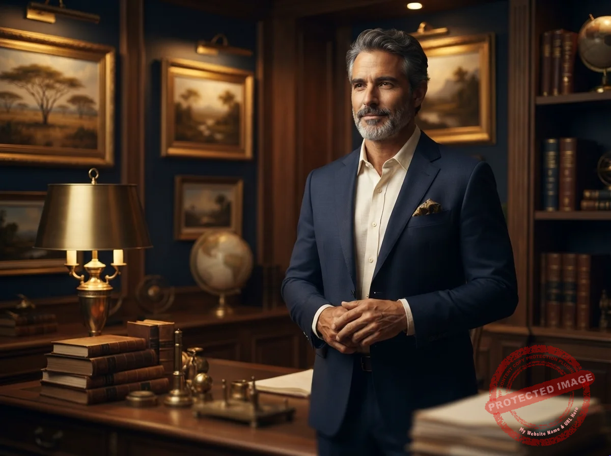 Homem de blazer azul-marinho em pé com postura firme e confiante em um escritório